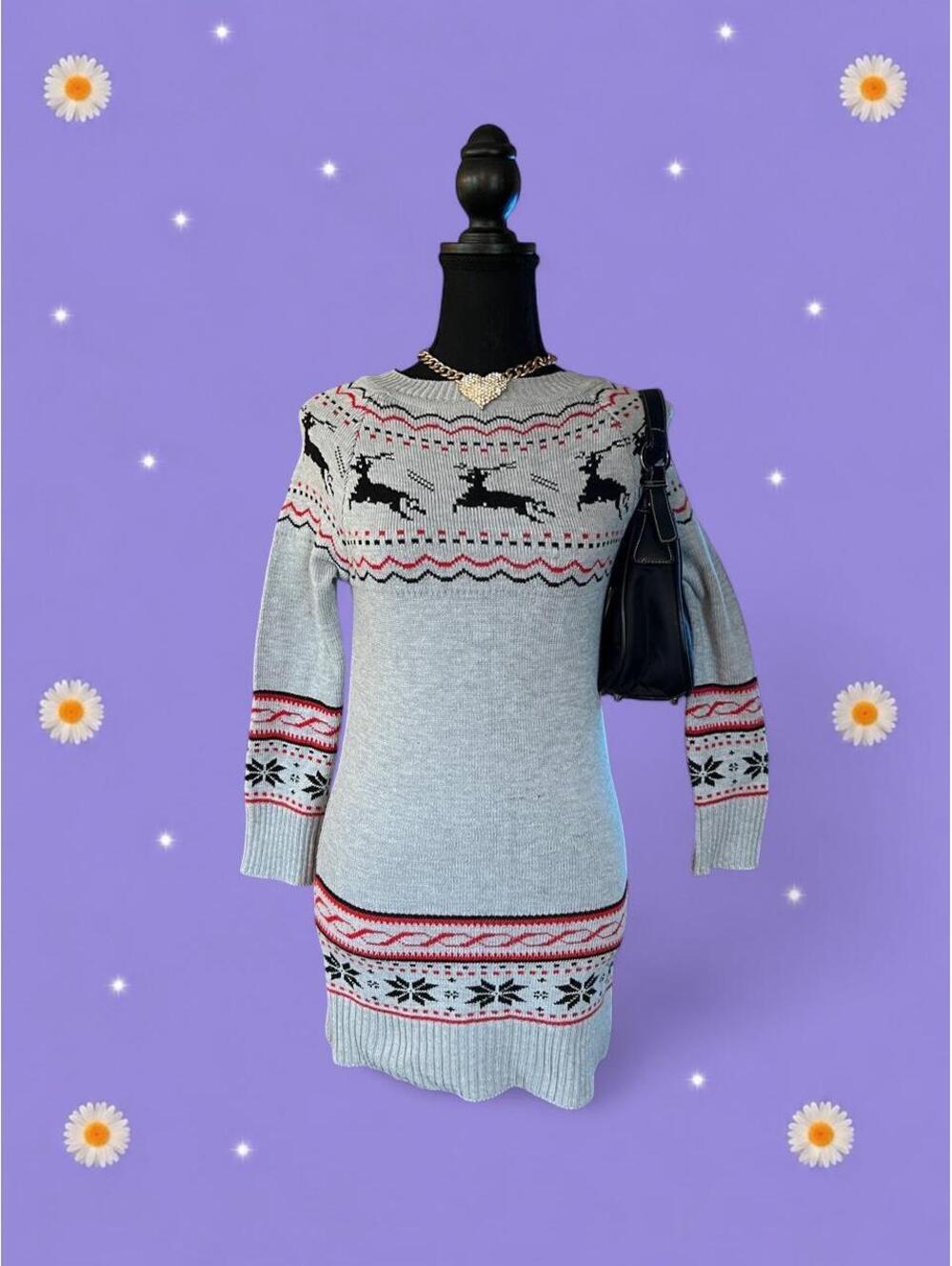 Vintage Y2K McBling Gray Reindeer Fair Isle Sweater Mini Dress size small